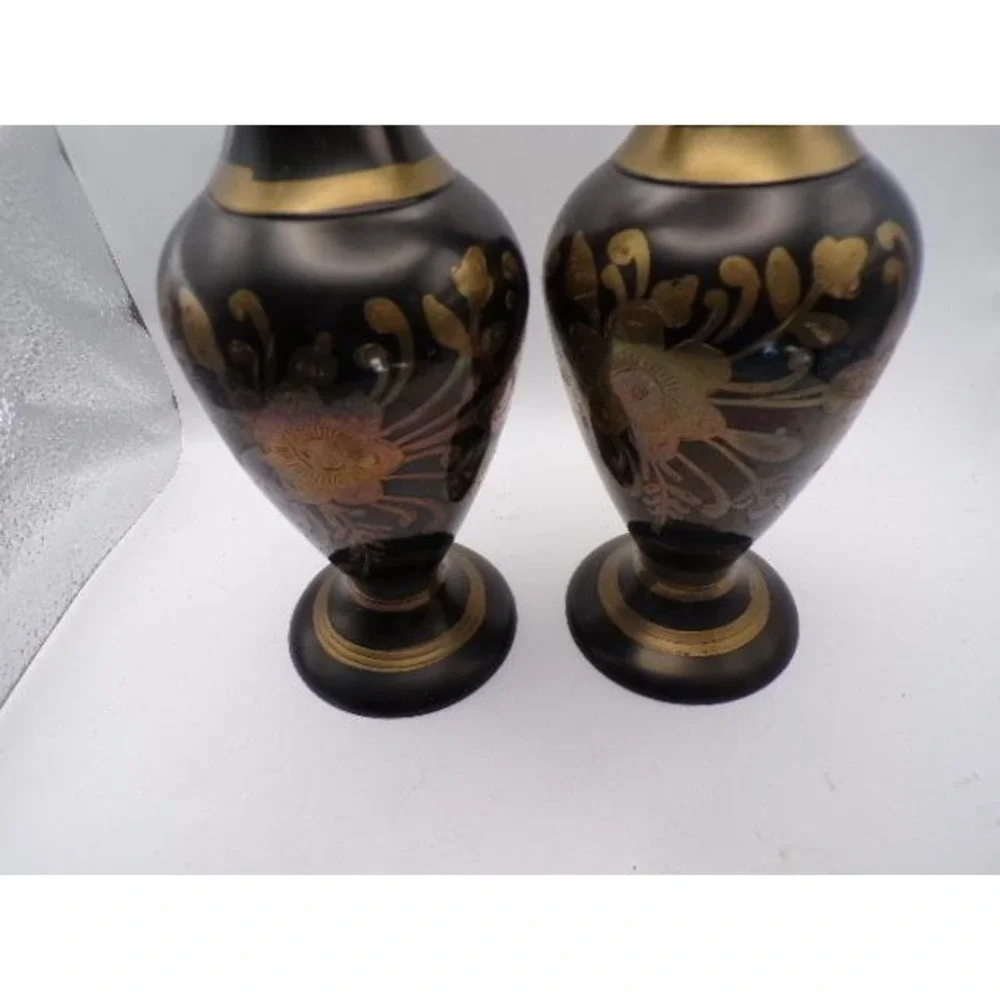 Pair Vintage Brass Black‎ Etched Floral Vases Decorative Accent Table Decor